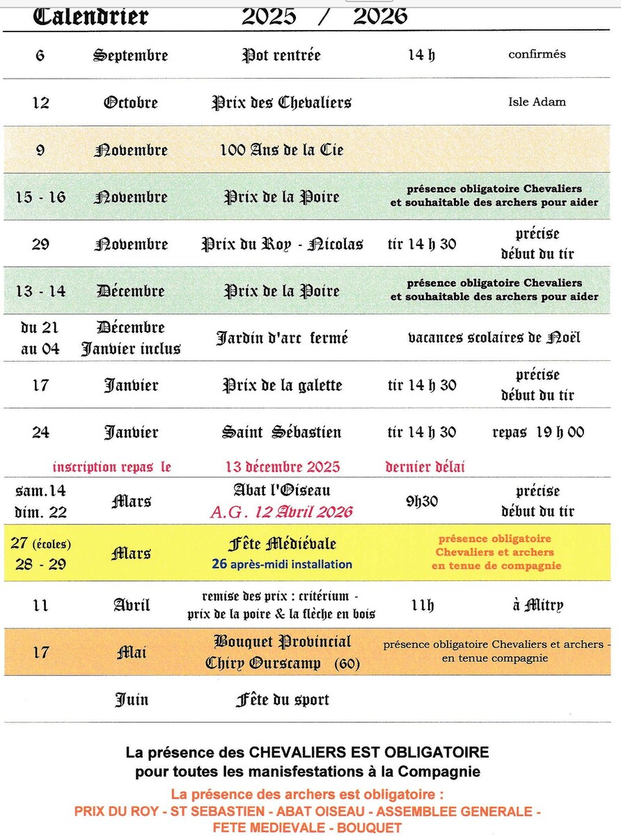 Le calendrier 2025 / 2026 de la Compagnie